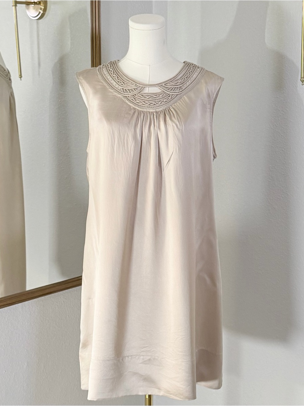 BCBGMAXAZRIA Beige Braided Neck Silk Blend Shift Dress Sz L Boho Chic